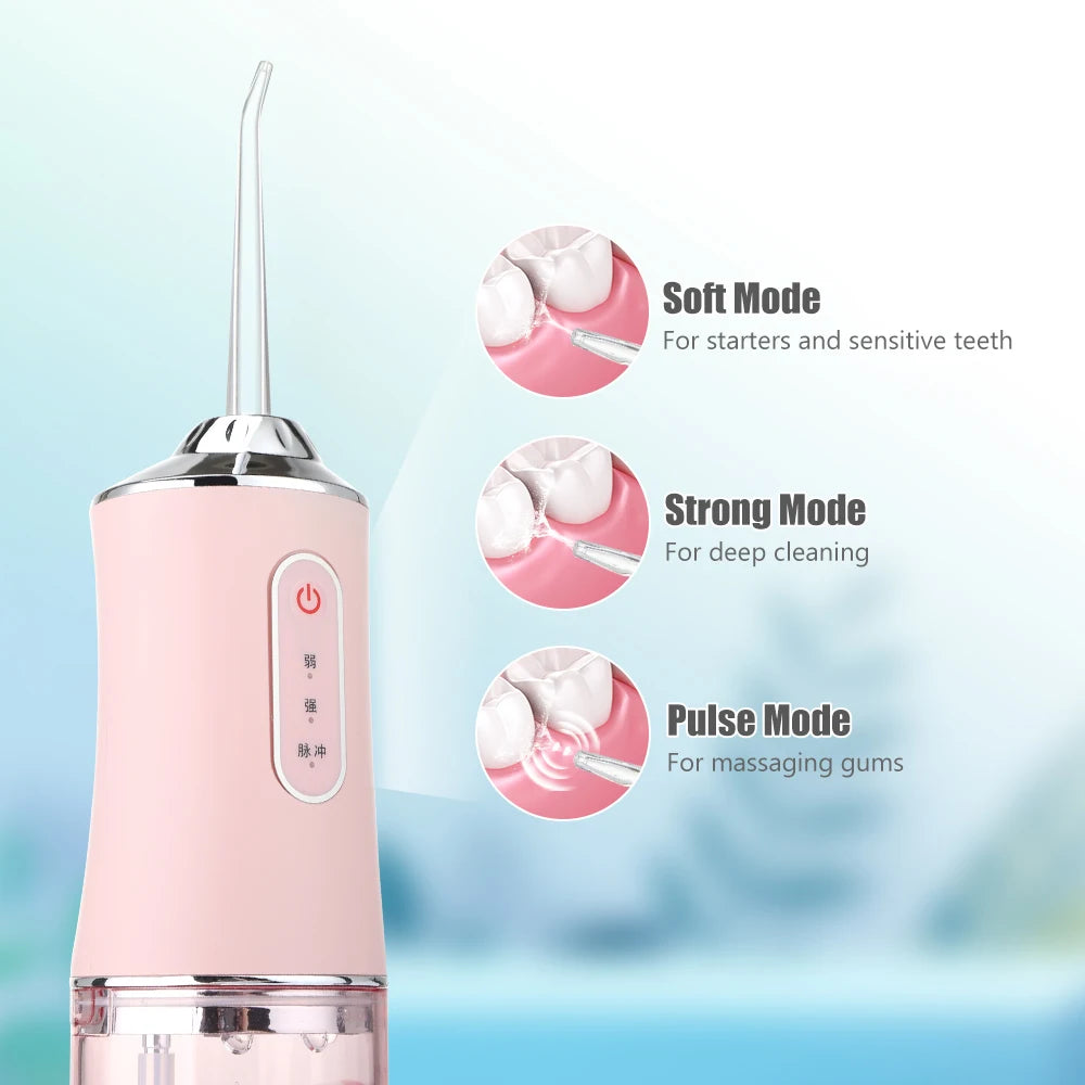 Irygator doustny przenośny irygator do zębów, ładowany przez USB, strumień wody pod ciśnieniem 4 Jet Tip 220ml 3 tryby IPX7 1400rpm