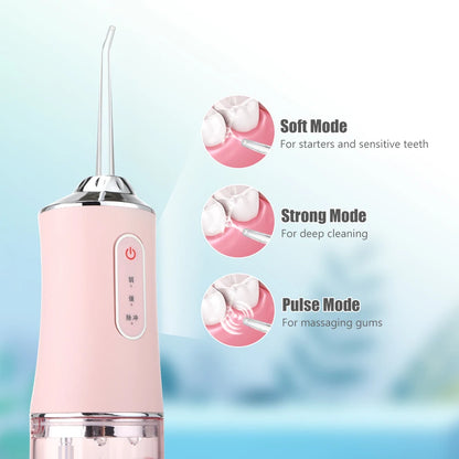 Irygator doustny przenośny irygator do zębów, ładowany przez USB, strumień wody pod ciśnieniem 4 Jet Tip 220ml 3 tryby IPX7 1400rpm