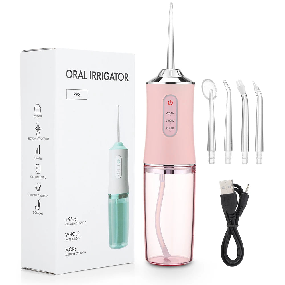 Irygator doustny przenośny irygator do zębów, ładowany przez USB, strumień wody pod ciśnieniem 4 Jet Tip 220ml 3 tryby IPX7 1400rpm