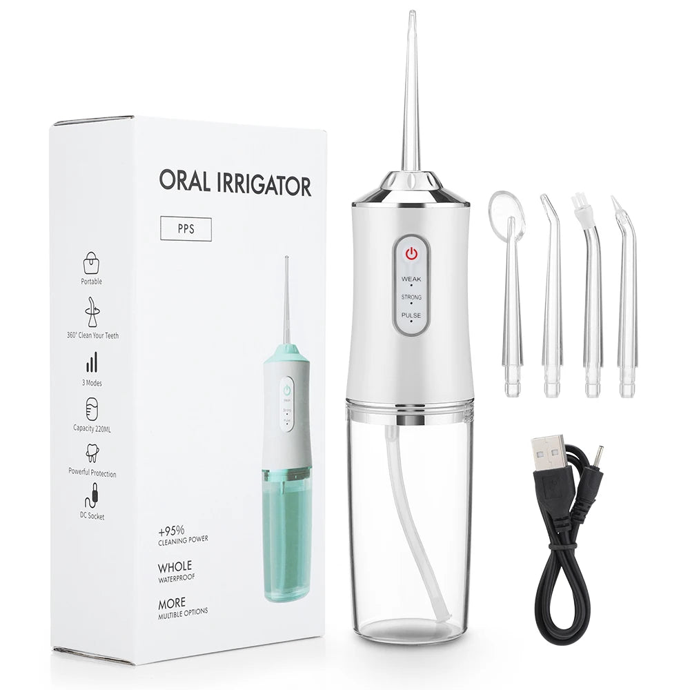 Irygator doustny przenośny irygator do zębów, ładowany przez USB, strumień wody pod ciśnieniem 4 Jet Tip 220ml 3 tryby IPX7 1400rpm