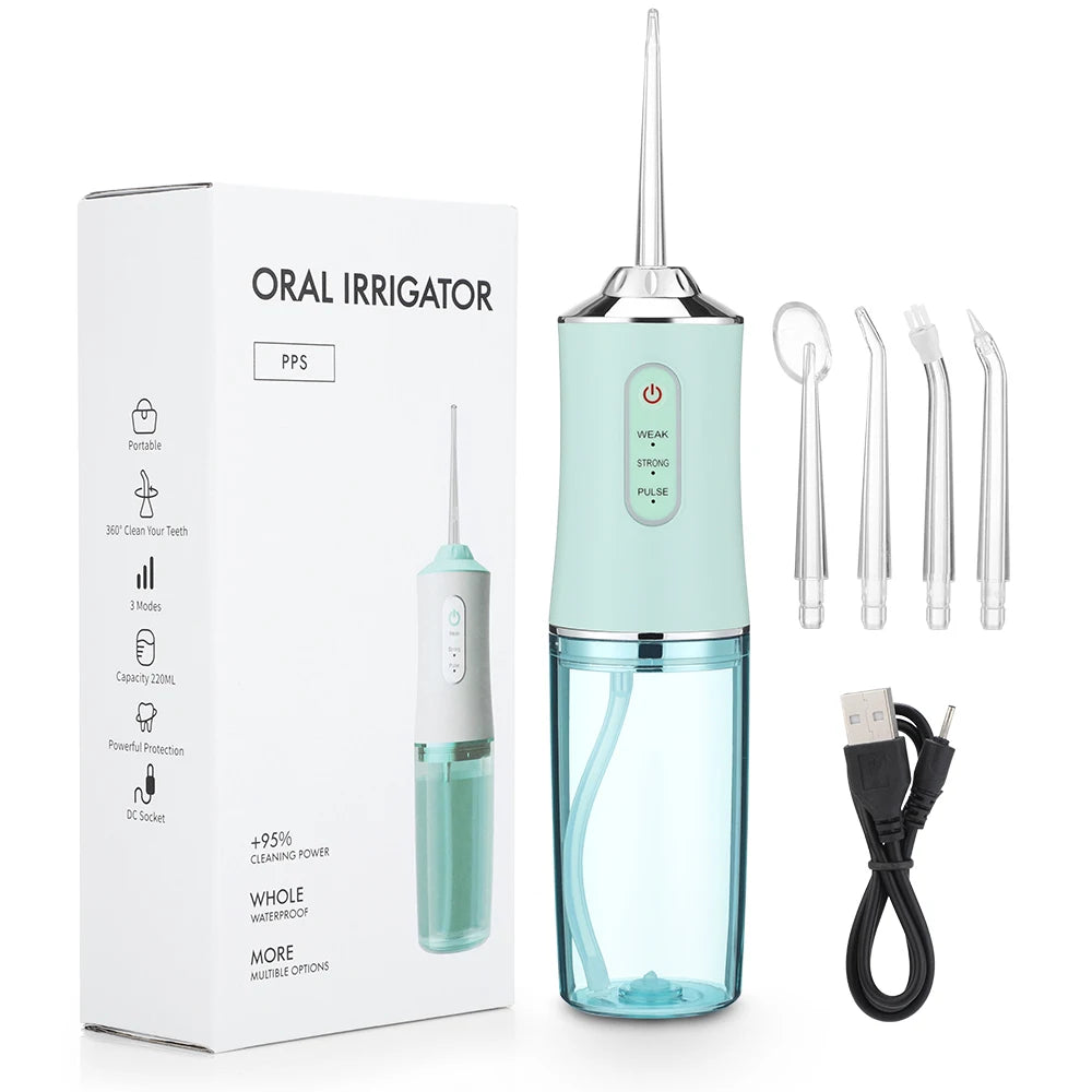 Irygator doustny przenośny irygator do zębów, ładowany przez USB, strumień wody pod ciśnieniem 4 Jet Tip 220ml 3 tryby IPX7 1400rpm